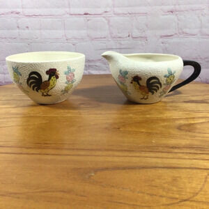 Vintage Rooster and Floral Textured Ceramic Open Sugar and Creamer Set